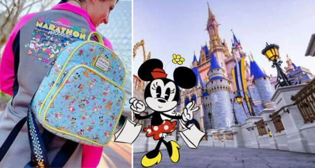Disney marathon backpack showcasing iconic runDisney 90s merch and a playful Minnie Mouse graphic, set against the backdrop of Cinderella Castle.
