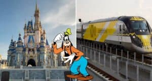Split image: Goofy in front of Cinderella Castle at Walt Disney World on the left, and a sleek yellow Brightline train on the right, showcasing the easy travel connection between Disney and Orlando International Airport.