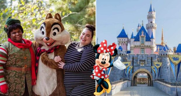 Guests in vibrant, inclusive costumes join Chip and Minnie Mouse for a photo op in front of Sleeping Beauty Castle at Disneyland.