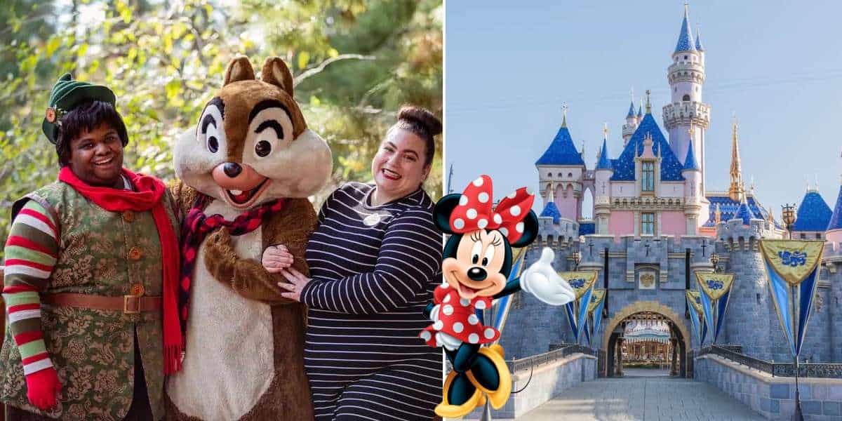 Guests in vibrant, inclusive costumes join Chip and Minnie Mouse for a photo op in front of Sleeping Beauty Castle at Disneyland.