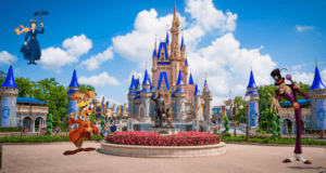 Beloved Disney Characters gather in front of Cinderella Castle at Walt Disney World, enjoying a bright, sunny day beneath a clear blue sky.