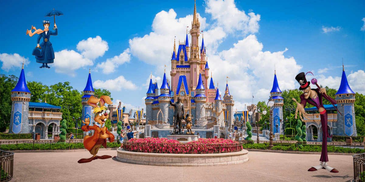 Beloved Disney Characters gather in front of Cinderella Castle at Walt Disney World, enjoying a bright, sunny day beneath a clear blue sky.