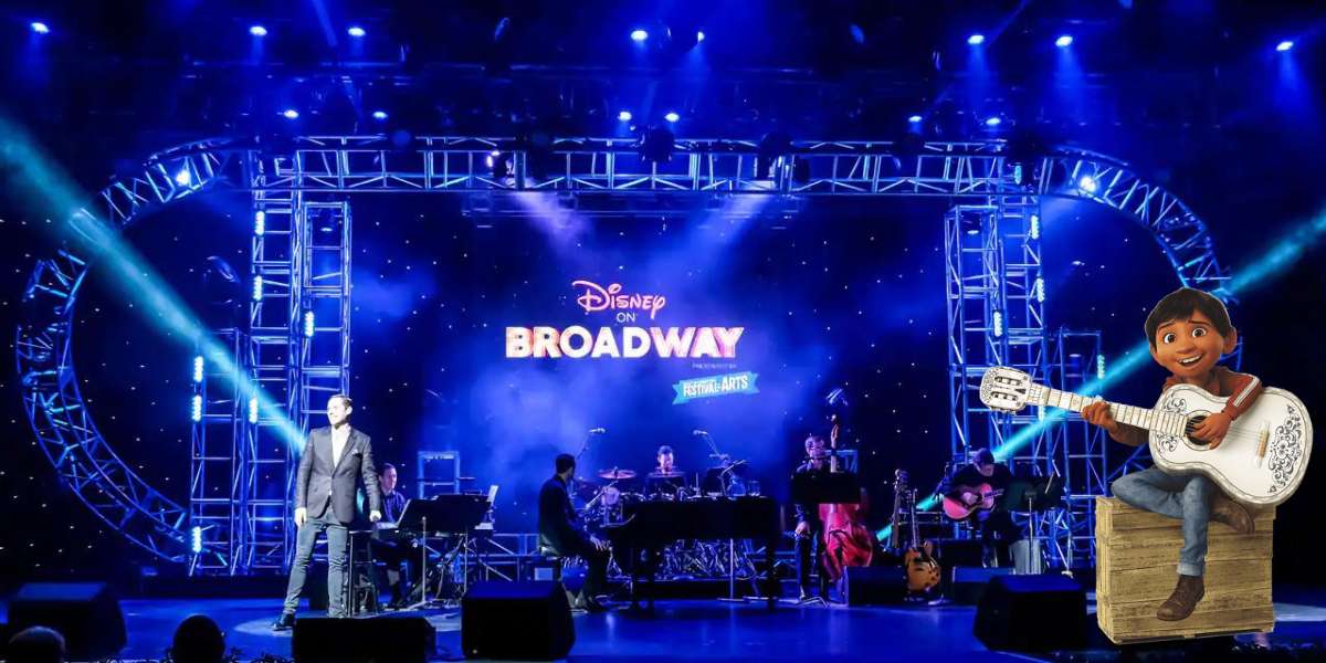 The Disney on Broadway stage lights up as a talented singer joins musicians for an unforgettable performance, while Miguel from Coco strums his guitar, captivating the audience in true Disney magic.