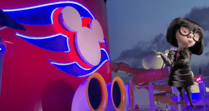 A stylish Disney character stands beside the iconic red Disney Cruise Line funnel glowing with a neon Mickey Mouse logo at dusk, capturing the magical ambiance familiar to fans of Disney and Pixar adventures.
