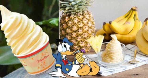 Donald Duck at a Disney park stands beside a swirl of Dole Whip soft serve, fresh pineapple, and bananas, proudly showing off his signature pineapple treat—bringing the magic of your favorite DOLE Whip Recipe to life.