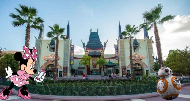 Minnie Mouse and BB-8 greet guests outside a theater at a Disney park, framed by waving palm trees and a sunny blue sky.