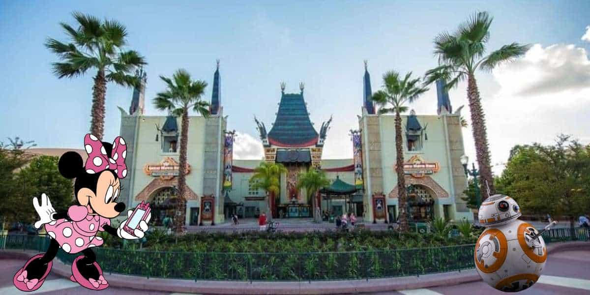 Minnie Mouse and BB-8 greet guests outside a theater at a Disney park, framed by waving palm trees and a sunny blue sky.