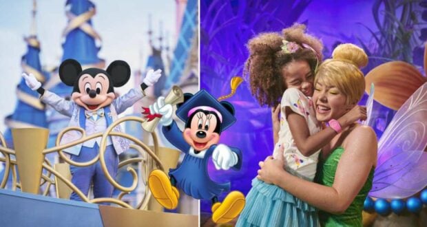 Mickey Mouse waves energetically on stage, joined by Minnie Mouse wearing a cap, while nearby, a child joyfully hugs Tinker Bell, brought to life by a talented Disney College Program Character Performer.