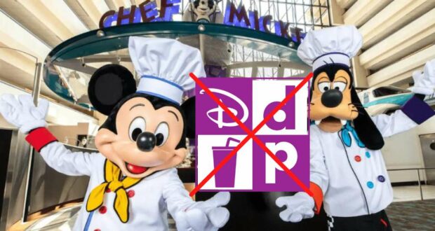 Mickey and Goofy dressed as chefs stand inside Chef Mickey’s at Disney World, with a bold red X crossing out the purple DDP logo to show that the Disney Dining Promo Card isn’t accepted here.