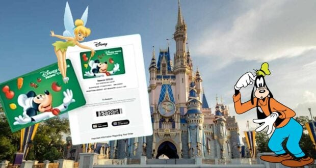 A digitally edited image of a Disney theme park features Cinderella's Castle. Tinker Bell and Goofy are positioned around the castle, with an illustrated Disney Dining Promo Card showcasing Mickey Mouse on the left.