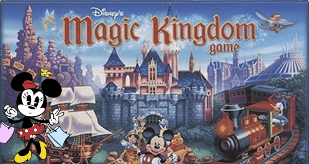 Magic Kingdom board game box showcasing beloved Disney World icons—Minnie Mouse, Mickey Mouse, a whimsical train ride, and Cinderella Castle—inviting fans to bring the magic of the park home.