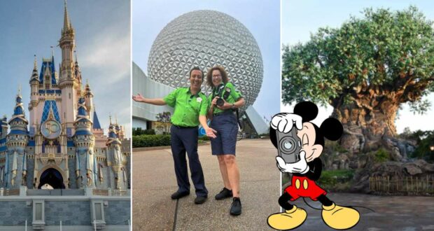 Collage featuring Cinderella Castle, guests dressed in Disney PhotoPass costumes at Epcot, and the iconic Tree of Life at Animal Kingdom with Mickey Mouse snapping photos.