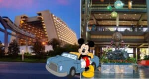 Mickey Mouse drives up to Disney Resort hotels, with the iconic monorail gliding by and a lively tropical-themed lobby in view, showcasing the easy self-parking options for guests eager to explore all the Disney magic.