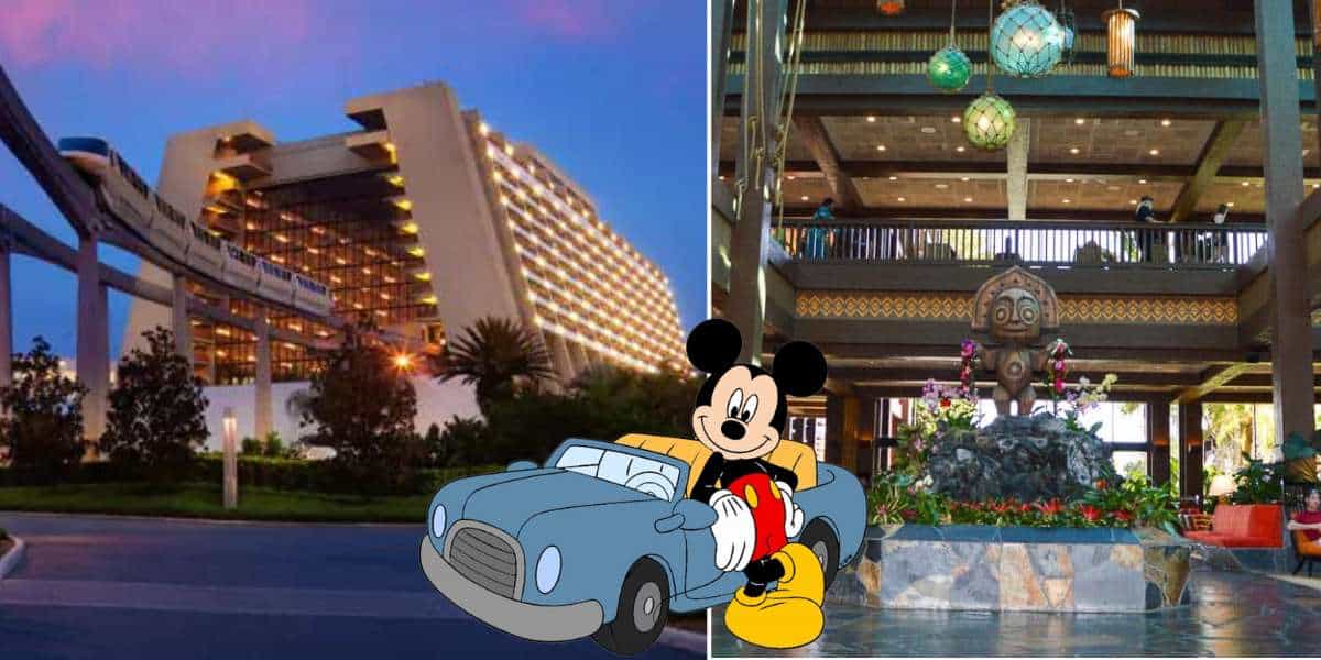 Mickey Mouse drives up to Disney Resort hotels, with the iconic monorail gliding by and a lively tropical-themed lobby in view, showcasing the easy self-parking options for guests eager to explore all the Disney magic.