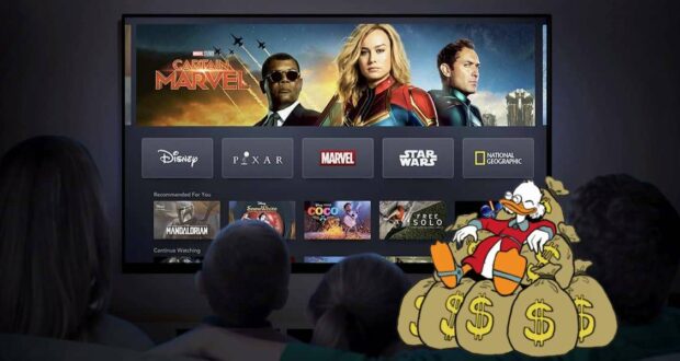 A family enjoys streaming Disney+ on their home TV, while Scrooge McDuck lounges nearby atop piles of gold, proudly holding a Disney+ Shop bag—capturing the magic and merchandise spirit found across Disney’s parks and entertainment experiences.