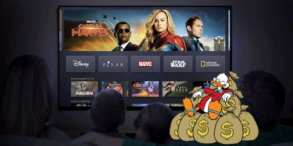 A family enjoys streaming Disney+ on their home TV, while Scrooge McDuck lounges nearby atop piles of gold, proudly holding a Disney+ Shop bag—capturing the magic and merchandise spirit found across Disney’s parks and entertainment experiences.
