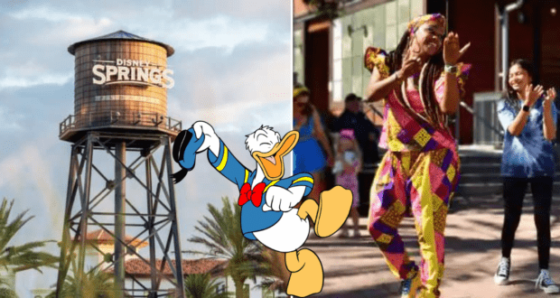 Donald Duck brings energy to Disney Springs, with the iconic water tower in the background and Kids Club performers dancing outside in vibrant outfits.