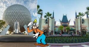 Goofy poses excitedly between Epcot’s iconic Spaceship Earth and Hollywood Studios’ legendary Chinese Theater at Disney World, ready for adventure just moments from the convenient Disney World Parking Trams.