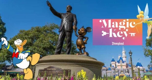 The iconic Partners statue of Walt Disney and Mickey Mouse stands proudly alongside Donald Duck and Tinker Bell, with the Magic Key Disneyland logo highlighting this magical scene.