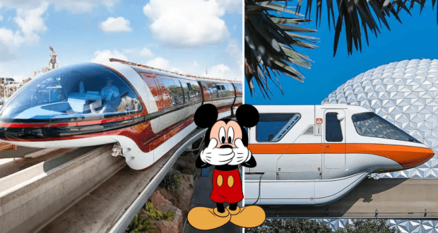 Mickey Mouse poses between two Disney100 Monorail trains at Epcot, with Spaceship Earth creating an iconic backdrop.