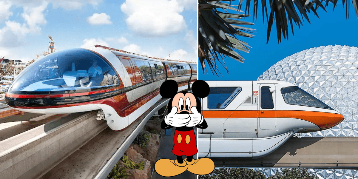 Mickey Mouse poses between two Disney100 Monorail trains at Epcot, with Spaceship Earth creating an iconic backdrop.