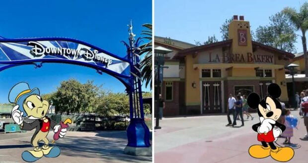 Side-by-side image: On the left, Jiminy Cricket welcomes guests at the Downtown Disney entrance, showcasing exciting updates to the district. On the right, Mickey Mouse is outside La Brea Bakery, adding classic Disney magic to this popular dining spot.