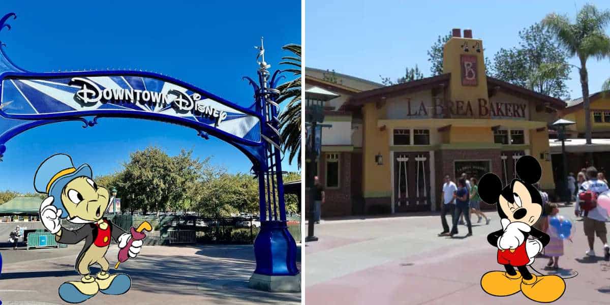 Side-by-side image: On the left, Jiminy Cricket welcomes guests at the Downtown Disney entrance, showcasing exciting updates to the district. On the right, Mickey Mouse is outside La Brea Bakery, adding classic Disney magic to this popular dining spot.