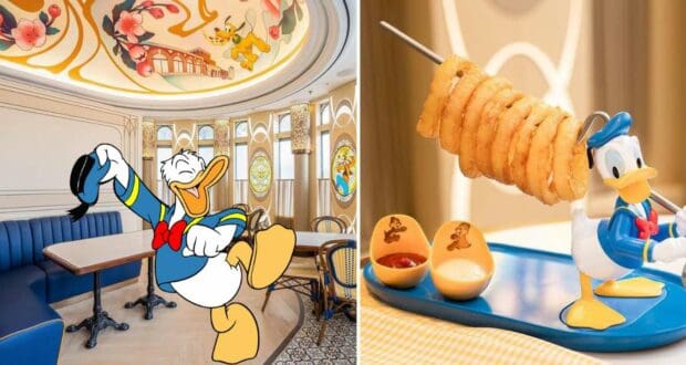 Experience Donald's Dine 'n Delights, the whimsical Donald Duck-inspired cafe in the heart of the park, where a cheerful Donald Duck figure greets guests and signature Donald-themed onion rings are served with delicious dipping sauces on a playful tray.