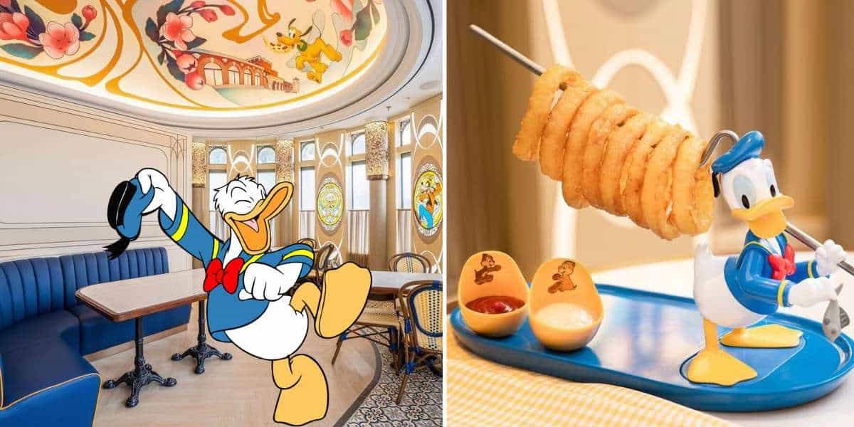 Experience Donald's Dine 'n Delights, the whimsical Donald Duck-inspired cafe in the heart of the park, where a cheerful Donald Duck figure greets guests and signature Donald-themed onion rings are served with delicious dipping sauces on a playful tray.