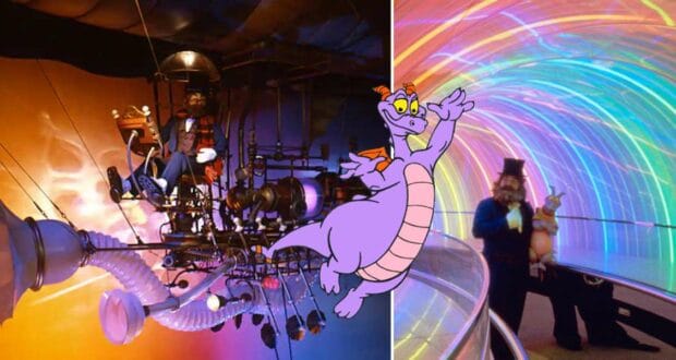 Figment the purple dragon appears against vibrant scenes from the imaginative EPCOT Festival of the Arts attraction, capturing the whimsical spirit beloved by Disney fans.