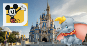 Cinderella Castle stands majestically at Disney World, with Mickey Mouse showcased in a bright yellow square and Dumbo soaring in the foreground, highlighting the coveted Dumbo Annual Passholder magnet.