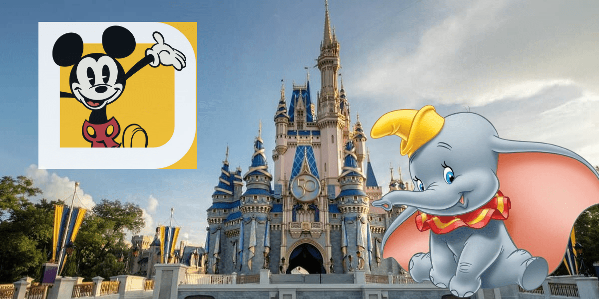 Cinderella Castle stands majestically at Disney World, with Mickey Mouse showcased in a bright yellow square and Dumbo soaring in the foreground, highlighting the coveted Dumbo Annual Passholder magnet.