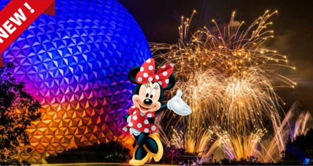 Minnie Mouse greets guests in front of Epcot’s iconic Spaceship Earth as colorful fireworks light up the night sky, celebrating Harmonious EPCOT Forever. A vibrant red “NEW!” banner highlights the excitement in the corner.