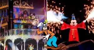 Mickey Mouse dazzles the crowd on stage during Fantasmic! at Disneyland, joined by Goofy in front as vibrant fireworks explode in the night sky behind them.