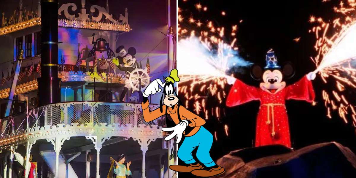Mickey Mouse dazzles the crowd on stage during Fantasmic! at Disneyland, joined by Goofy in front as vibrant fireworks explode in the night sky behind them.