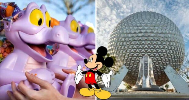 Figment plush toys, the iconic Figment popcorn bucket, classic Mickey Mouse artwork, and Spaceship Earth gleaming beneath a bright blue Epcot sky.
