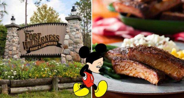A split image featuring the iconic Disney's Fort Wilderness Resort sign, a cheerful Mickey Mouse greeting guests, and a hearty plate of ribs with classic sides from Trail’s End Restaurant—capturing the spirit of Frontier-themed fun and delicious dining at Walt Disney World.