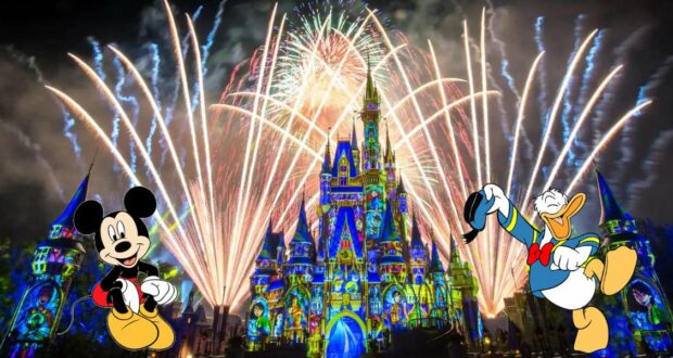 Spectacular fireworks light up the night sky above Cinderella Castle at Disney World, with Mickey Mouse and Donald Duck delighting guests in the foreground for an unforgettable Happily Ever After celebration.