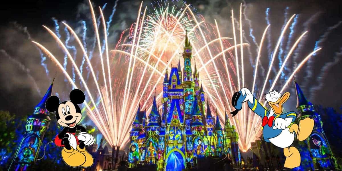 Spectacular fireworks light up the night sky above Cinderella Castle at Disney World, with Mickey Mouse and Donald Duck delighting guests in the foreground for an unforgettable Happily Ever After celebration.