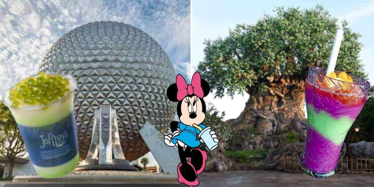 Spaceship Earth rises majestically against the blue sky at EPCOT, while Minnie Mouse relaxes with a good book near the iconic Tree of Life. Eye-catching, colorful beverages—like Joffrey’s signature green drink—embody the lively atmosphere of EPCOT International Festival of the Arts.