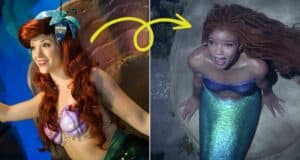 Split image: left, Ariel greeting guests in her signature look at a Disney park; right, Ariel brought to life underwater, looking up and smiling enchantingly.