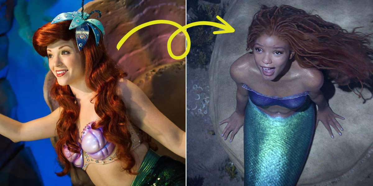 Split image: left, Ariel greeting guests in her signature look at a Disney park; right, Ariel brought to life underwater, looking up and smiling enchantingly.