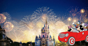 Mickey Mouse and friends cruise in a vibrant red car past Cinderella Castle, as dazzling fireworks illuminate the magical night sky at Walt Disney World.