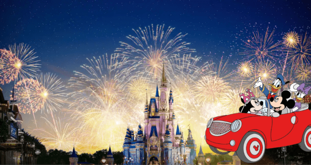 Mickey Mouse and friends cruise in a vibrant red car past Cinderella Castle, as dazzling fireworks illuminate the magical night sky at Walt Disney World.
