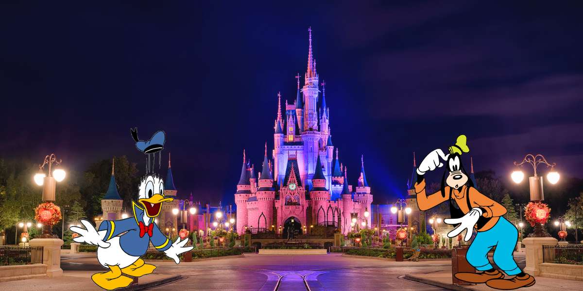 Donald Duck and Goofy pose in front of the glowing Cinderella Castle at Magic Kingdom after dark, as park-wide announcements inform guests about an early closure.