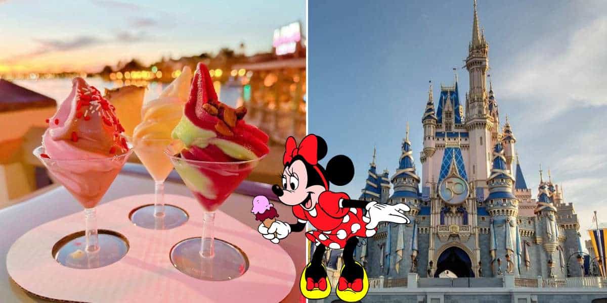 Three vibrant ice cream cones, Cinderella’s Castle gleaming in the background, and Minnie Mouse enjoying a sweet treat on a sunny day—experience the magic of DOLE Whips Swirls on the Water at Disney World for an unforgettable indulgence.