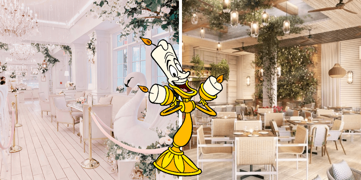 Side-by-side image of two sophisticated, flower-inspired Disney World restaurants, with Lumière—the beloved candlestick from Beauty and the Beast—highlighted in the center.