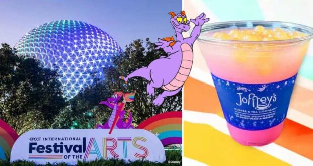 EPCOT Festival of the Arts entrance featuring Figment alongside a vibrant Joffrey's One Little Spark drink in a plastic cup.