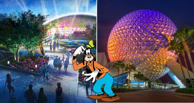 Goofy greets guests in front of the glowing Epcot dome, its colorful lights reflecting the playful spirit of the Disney Play Pavilion as visitors stroll by under the night sky.