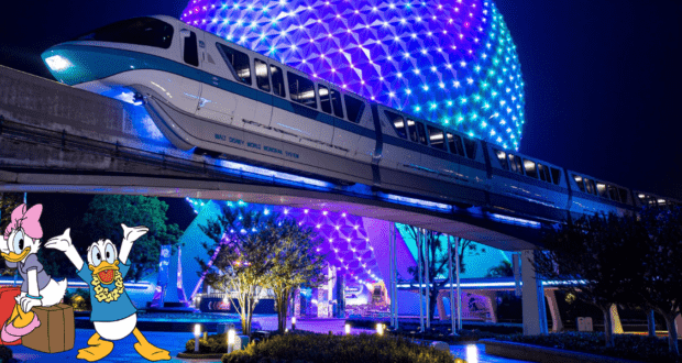 Donald and Daisy Duck, suitcase in tow, pose beside the illuminated Disney monorail at night, eagerly planning their next magical adventure at Walt Disney World as Epcot’s glowing Spaceship Earth sets the perfect backdrop.
